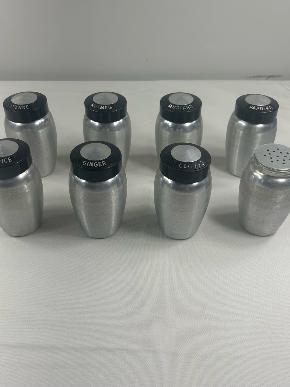 Vintage Atomic Spice Jars 1950’s Kromex Spun Aluminum With Sifting Caps and Lids